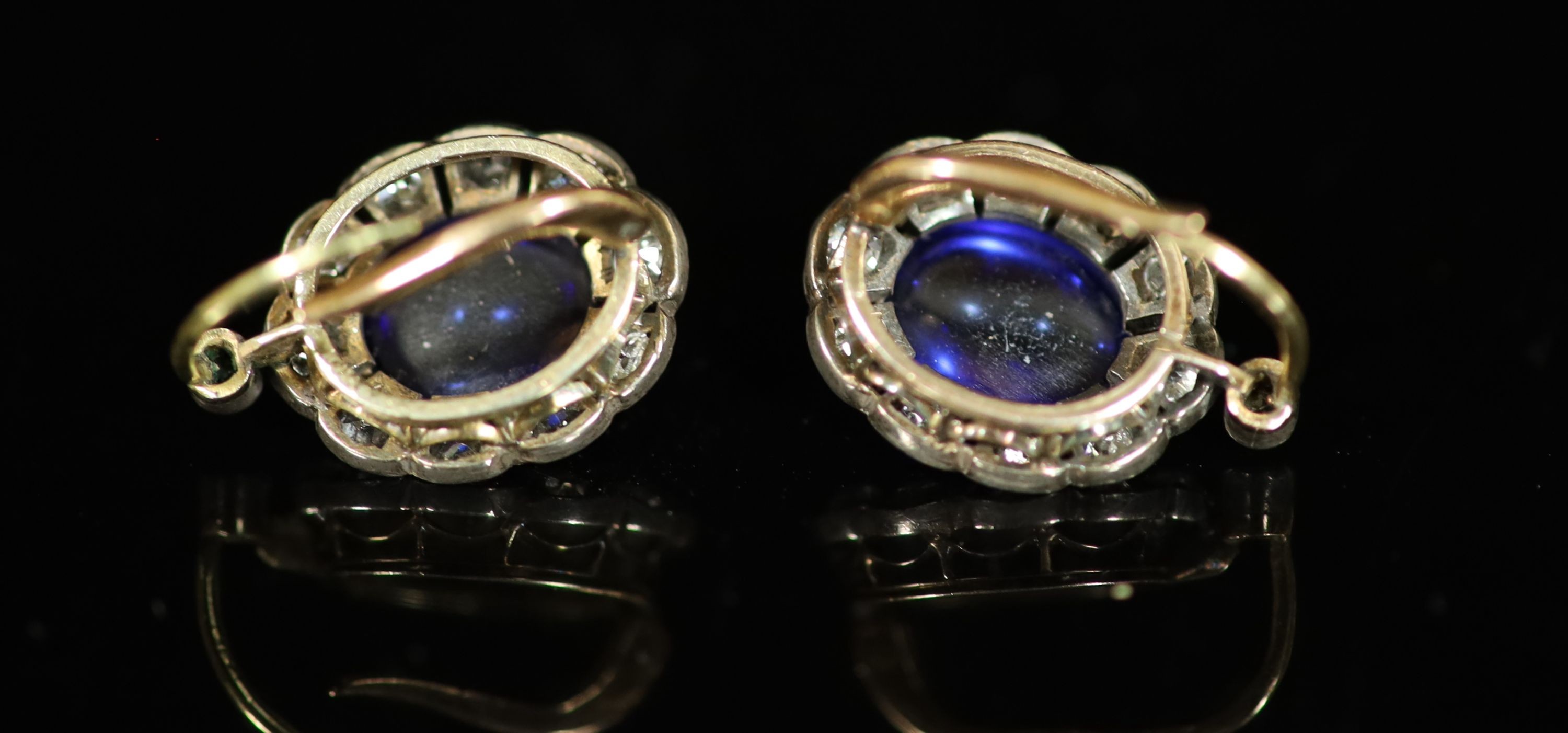 A pair of 19th century gold and silver, cabochon sapphire? and diamond set oval cluster earrings